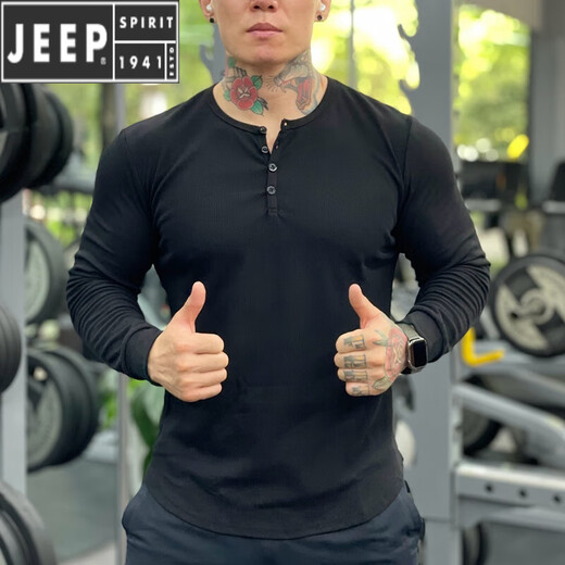 JEEP SPIRIT muscle fitness long-sleeved American Henry shirt bottoming shirt men's tough guy Henry collar T-shirt slim sports casual black M