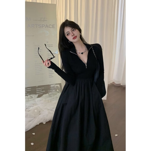 Trumpchi Vuitton large size 300Jin Jin is equal to 0.5kg Hong Kong style slim design stitching long-sleeved dress for fat mm women autumn and winter waist slimming long skirt black 2XL size recommended 150-190Jin Jin is equal to 0.5kg