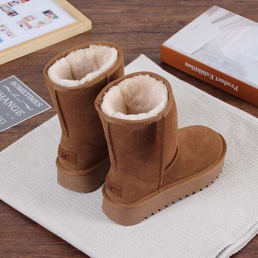 百丽踏系列品牌断码真皮冬季中筒雪地靴女新品防滑女靴子加绒加厚棉鞋 羚羊棕 37
