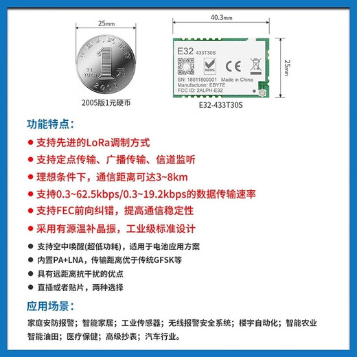 Juluo (E32-900T30S) Módulo inalámbrico Lora 433m Puerto serie Transceptor de larga distancia SX1278 Comunicación de transmisión de radiofrecuencia de chip Consumo de energía ultra baja