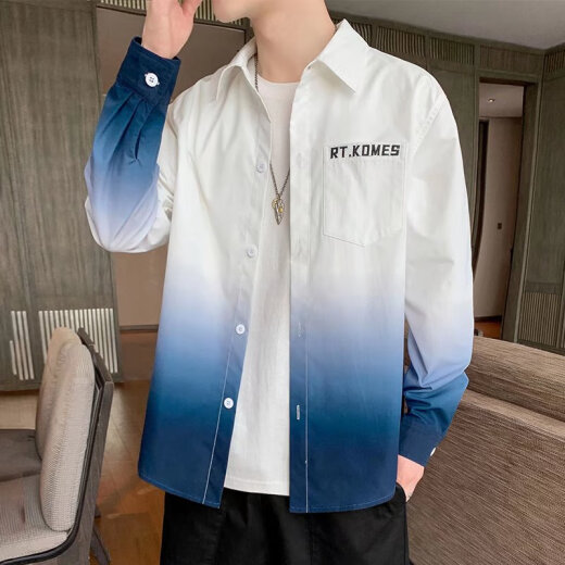 
Didisha Gradient Color Shirt Men's Long Sleeve Spring and Summer Trend Lapel Free Iron Loose Casual Top Men's Shirt Jacket 680 Light Gray + 679 White XL