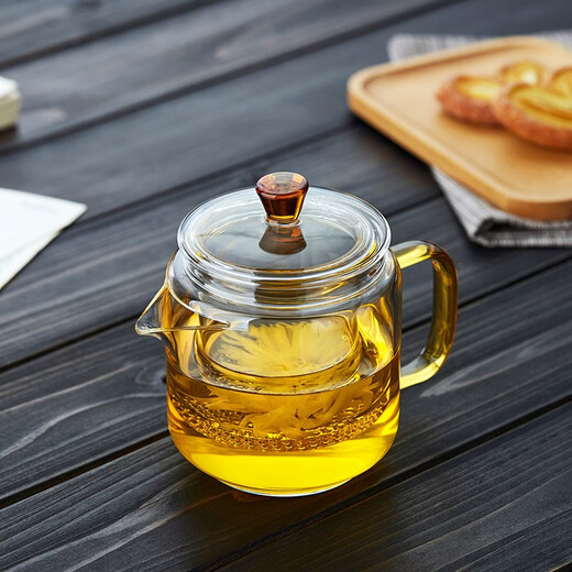 Quandu glass teapot, heat-resistant glass teapot with filter liner, colorful flower teapot, teapot, teapot, thickened yellow handle magic pot