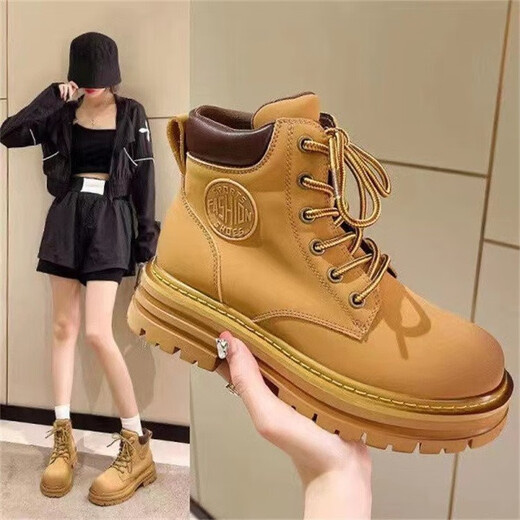 Planaling Martin Boots Chaussures pour femmes en cuir grosses bottes jaunes épaisses Sole Toe rond Talon épais Top haut à lacets Casual Versatile Fashion Classic Style Geuthe Super Cuir gros Bottes jaunes 6 trous 36