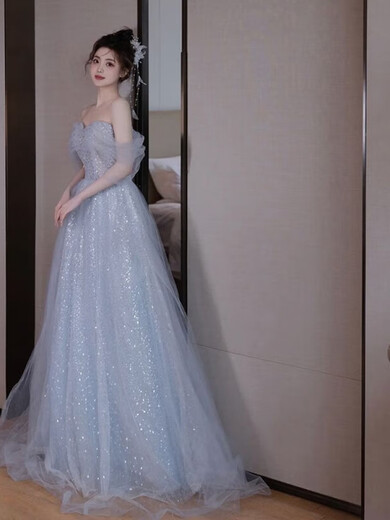 Ayub Evening Dress Feminine Banquet Temperament Light Luxury Art Exam Host Ceremony Birthday Light Blue Long Style m