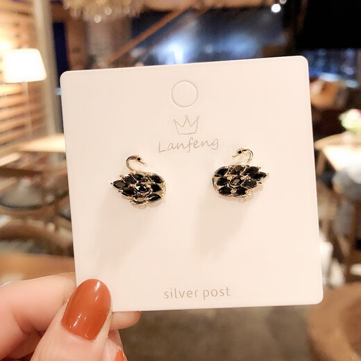BOMP Old Phoenix Gold Store Korean Micropaved Zirconia Black Swan S925 Silver Needle Earrings Female Super Fairy Versatile Earrings Black Swan Earrings