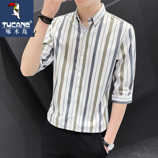 Woodpecker short-sleeved shirt men's summer new three-quarter sleeve shirt Korean style trendy mid-sleeve ice silk striped shirt top DC677 white quality ice silk style L 105-115Jin Jin equals 0.5 kg