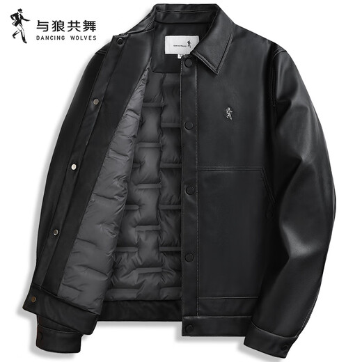 Dances with Wolves Goose Down Liner Lapel PU Jacket Men's 2025 Autumn and Winter New Casual Composite Leather Men's Jacket 1033 Black 001 S (165)