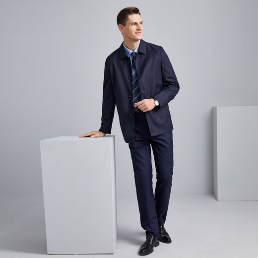 EMZ Ordos Wool Jacket Lapel Windbreaker Casual Business Woolen Coat Men's Short Jacket Navy Regular XL 180/100A