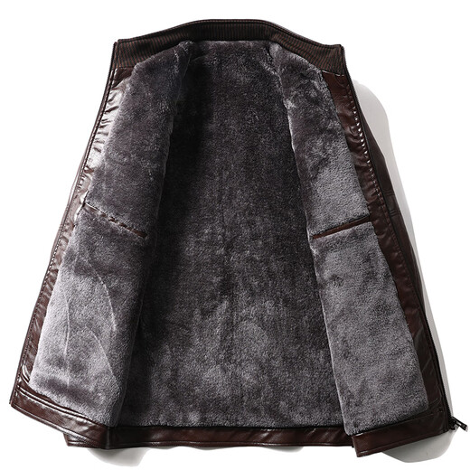 Woodpecker (TUCANO) Haining leather jacket for men, middle-aged dad, autumn and winter leather jacket, men's velvet thickened coat, middle-aged and elderly soft leather top, black coffee color 180