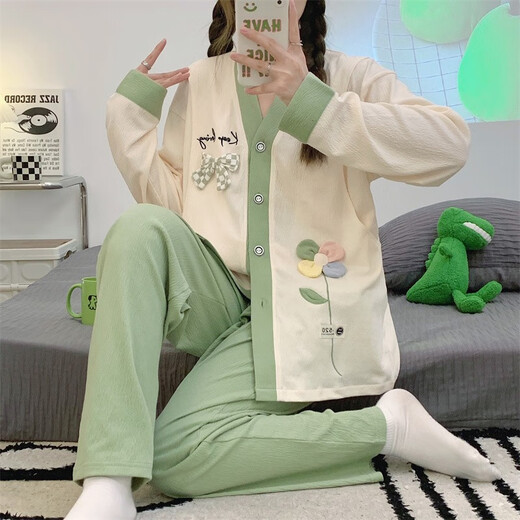 OULUXI solid color wrinkled cloth cotton confinement clothes spring and autumn pregnant women pajamas in summer breathable sweat-absorbing and postpartum breastfeeding clothes AXXE724 concentric knot L code (recommended 90-115 Jin [Jin equals 0.5 kg])