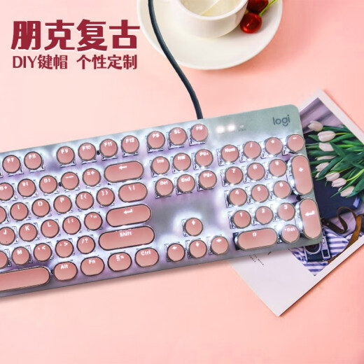 罗技（Logitech） K845 有线机械办公键盘 游戏电竞 朋克复古键盘外设电脑笔记本节日礼物 diy个性键帽 K845(红轴)+经典朋克键帽-粉