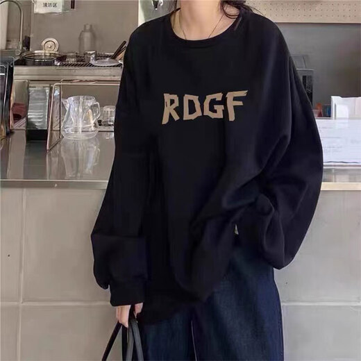 
Jiaoruni American retro round neck sweatshirt for women ins trendy brand early autumn thin niche hiphop high street loose original jacket 727 black thin style L (103125Jin[Jin equals 0.5 kg])
