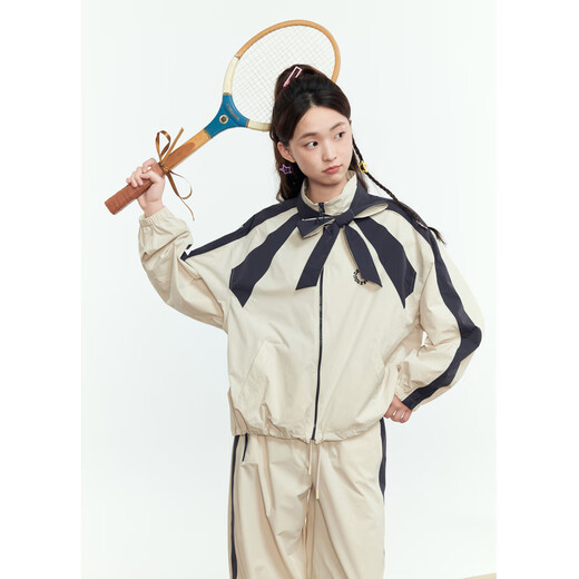 Zihan (ZIHAN) Zihan stand collar bow zipper jacket straight pants casual sports two-piece suit for women autumn beige S