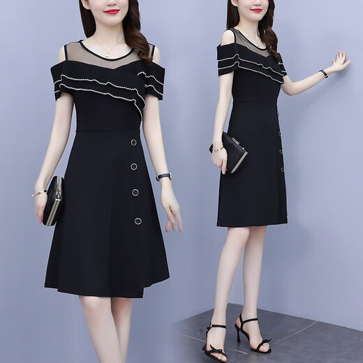 WeiLuoXuan (WeiLuoXuan) 2025 summer new dress for women with ruffle off-shoulder mesh splicing fashionable light luxury temperament covering belly 6231 picture color L Recommended 98-115Jin [Jin equals 0.5 kg]