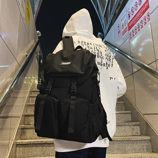 威纳登短途旅行背包男新款潮牌大容量双肩包女大学生初高中生书包电脑包 黑色