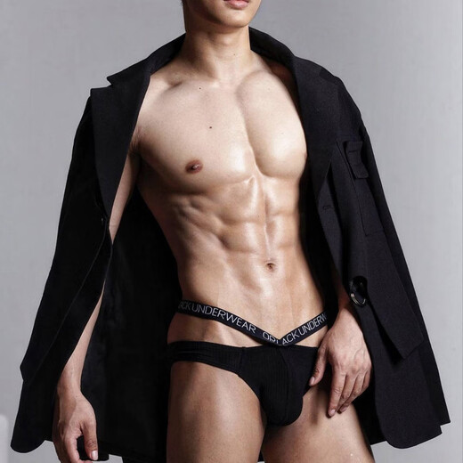 
ORLVS men's thong V-shaped double belt threaded cotton sexy single thong T-trouser low waist U convex bikini small triangle men's black 1 strip M [recommended 45-55kg]