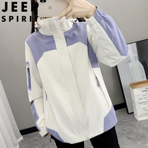 JEEP SPIRIT Jacket Women's 2025 Spring, Autumn and Winter New Three-in-one Detachable Windproof, Waterproof and Warm Ski Windbreaker Women's Purple and White Two-piece Set M Hat Detachable