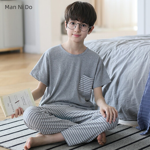 曼妮朵儿童睡衣男童短袖长裤大童家居服夏青少年全棉男孩纯棉空调服套装 F724【短长】 170 XL码建议165-170cm