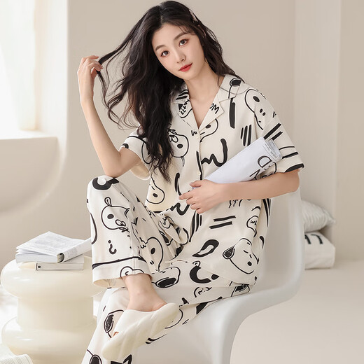 
Modal 100% cotton pajamas for women in summer short-sleeved trousers pure cotton sweet and cute casual thin home clothing set AM695 women L