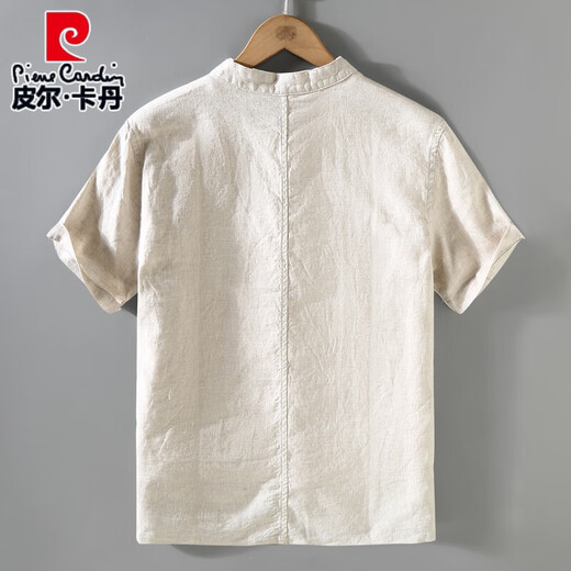 Pier Cardin Retro Retro Chinesischer Stil Sommer Leinen Top Tang Anzug Herren-Standkragen dünne kurzärmelige Baumwoll-Leinenhemd Chinesisches Button-Hemd 1047 White M.