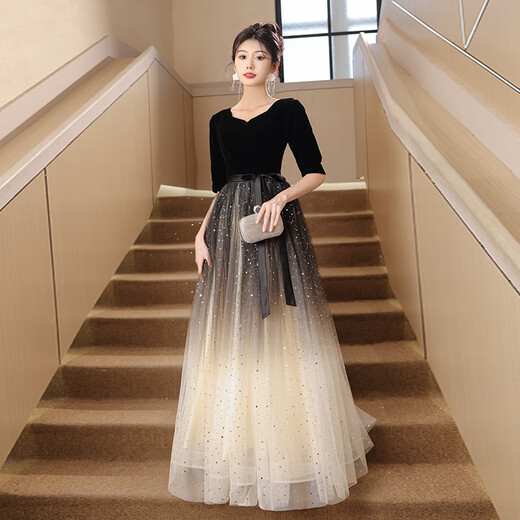 Timochi violin piano performance dress female high school student choir conductor evening high-end light luxury niche host banquet black gradient L