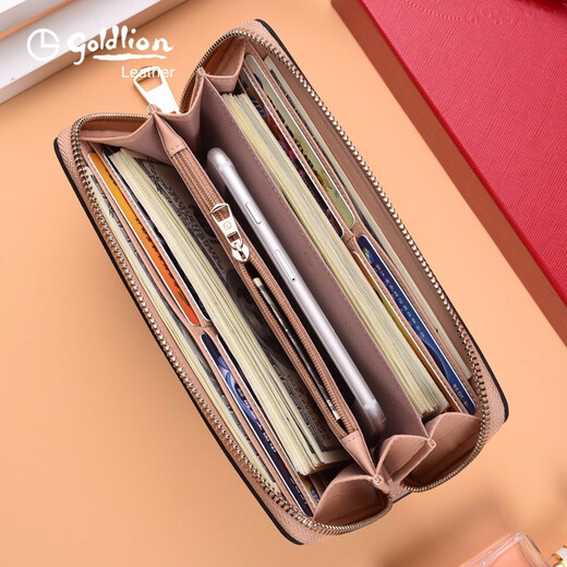 Goldlion women's long wallet, fashionable zipper handbag, real cowhide handbag, simple birthday gift for girlfriend, wife, officially authorized, get 10% off if you get a fake one, gold pink