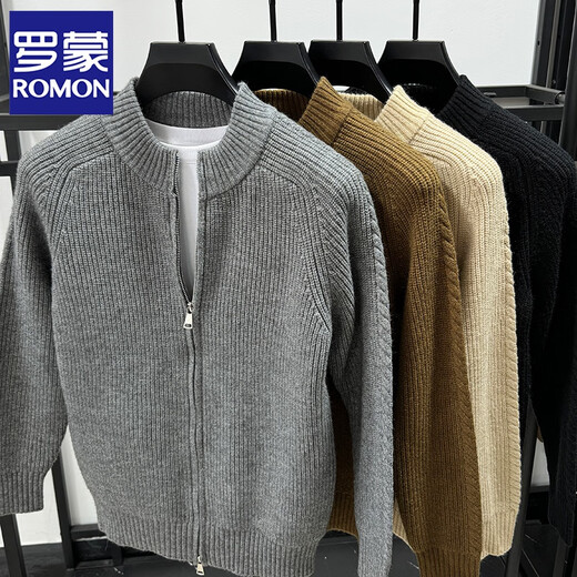 罗蒙（ROMON）双拉链立领开衫男士加厚粗针毛线毛衣秋冬季纯色修身中领针织外套 中灰 XL /115
