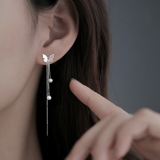 Crystal butterfly tassel ear wire girlfriend silver earrings 2025 new high-end earrings long birthday gift
