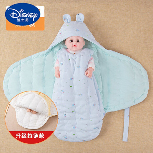 Disney Autumn and Winter thickened pure handmade cotton quilt for newborn baby pure cotton swaddle butterfly quilt newborn sleeping bag upgraded zipper thickened version - blue bear 66 (recommended for 0-3 months)