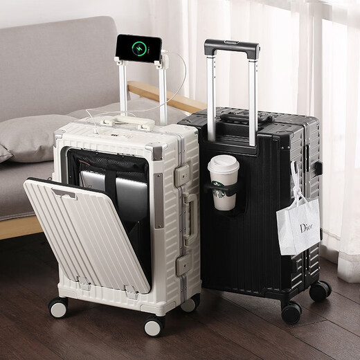 
Yixuan front open cover aluminum frame suitcase for men's business can board the plane multi-functional small check-in trolley case Business gray (aluminum alloy frame + double enclosed inner lining) 20-inch [USB+ cup holder + side hook + bracket]