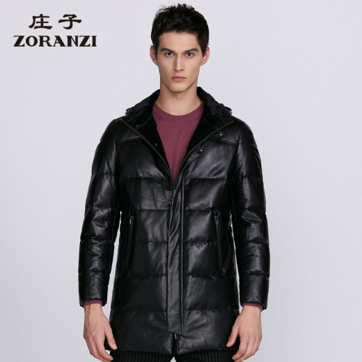 ZORANZI 庄子男装秋冬中长款绵羊皮皮衣连帽休闲皮羽绒服外套LMR16799 黑色 M 175/96A