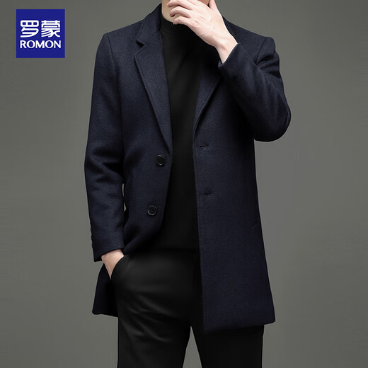 罗蒙羊毛呢大衣男士休闲商务正装衣服羊毛外套大衣夹克LL1931藏青3XL