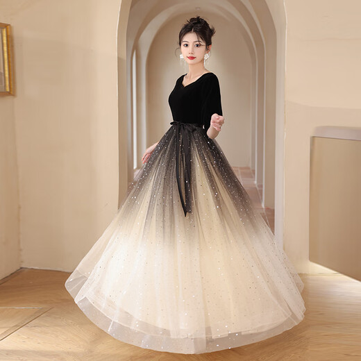 Timochi violin piano performance dress female high school student choir conductor evening high-end light luxury niche host banquet black gradient L
