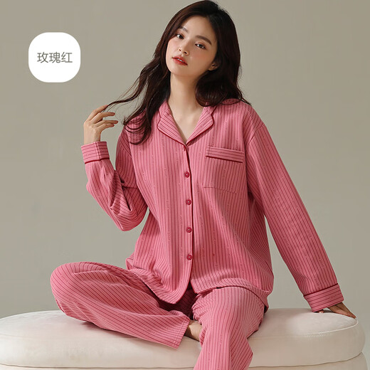 恒源祥情侣睡衣女冬季2022年纯棉春秋款男士可外穿家居服套装 18859玫瑰红-女士 M