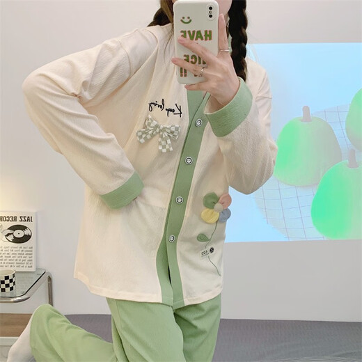 OULUXI solid color wrinkled cloth cotton confinement clothes spring and autumn pregnant women pajamas in summer breathable sweat-absorbing and postpartum breastfeeding clothes AXXE724 concentric knot L code (recommended 90-115 Jin [Jin equals 0.5 kg])