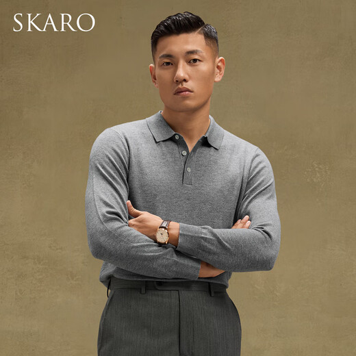SKARO【防缩水 抗静电】灰色针织长袖POLO衫男秋冬羊毛衫薄款毛衣 灰色SKA692 XL