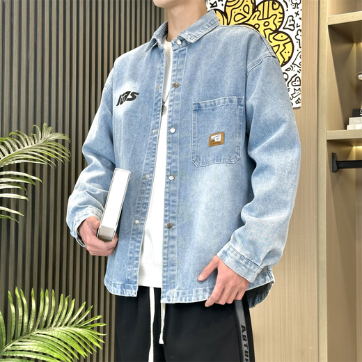 花花公子秋冬季新款牛仔外套高中生男孩青少年帅气大学生夹克衬衫男装套装 9209【上衣】黑色 品质保证 M (90-105斤左右)
