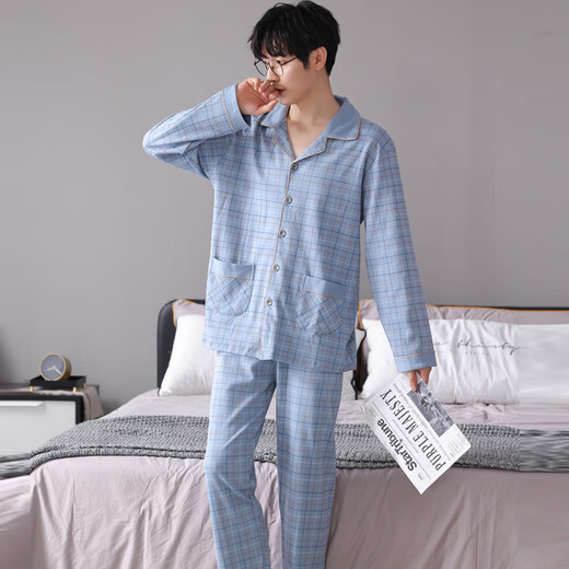 Cat Man Pure Cotton Pajamas Men's Spring and Autumn Long Sleeve Trousers Large Size Casual Loose Home Clothing Set All Cotton Can Be Outer Wear 3880 Light Blue L [Suggested 110-130Jin [Jin equals 0.5 kg]]