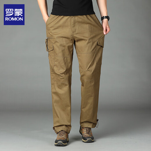 Luo Meng Overalls Men's Pure Cotton Autumn New Style Young and Middle-aged Pants Loose Straight Men's Casual Pants Outdoor Wear-Resistant Men's Pants J18 Dark Green Single Piece XL About 140-160 Jin Jin is equal to 0.5 kg