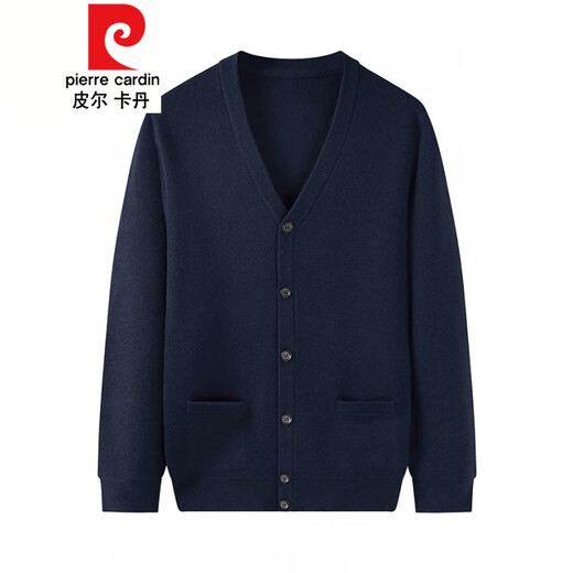 皮尔卡丹爷爷爸爸羊毛针织开衫毛衣男长袖毛线中老年人男装宽松外套春秋季 藏青色 7853不加绒 185160-175斤
