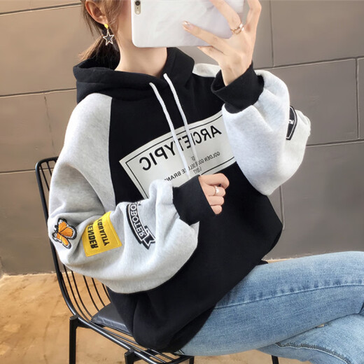 JOYOFJOY spring and winter women's Korean style loose sweatshirt women's lazy style hooded velvet thickened outer top women's trendy JWWY199280 black L