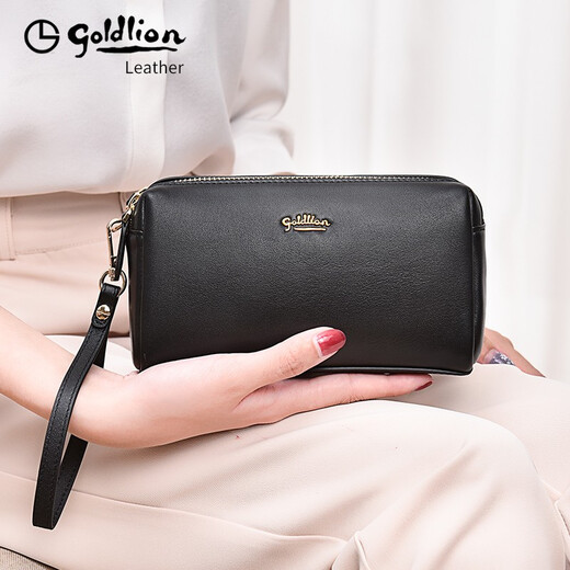 Goldlion clutch bag for women double zipper genuine leather light luxury women's bag large capacity 2025 new clutch bag first layer cowhide gift box temperament style FA512016-111