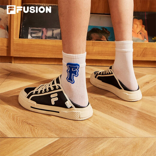 斐乐（FILA）FUSION斐乐潮牌WALLRIDE DX男鞋一脚蹬帆布鞋新款板鞋 黑/奶白-BG 40