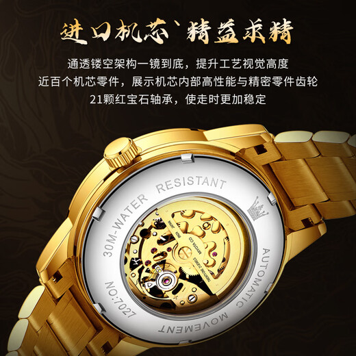 欧利时（OLEVS）瑞士认证品牌手表男机械表镂空龙表全自动男士手表夜光防水镶钻表 OLEVS-7027-全金色