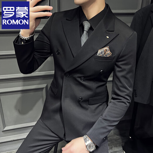 ROMON suit men's double-breasted lapel business casual suit large size formal wedding groom slim British style black three-piece suit + white shirt free tie breast scarf 2XL (135-145Jin Jin is equal to 0.5 kg)