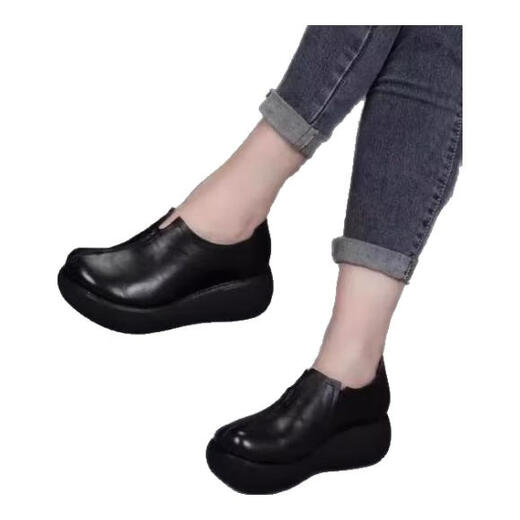 Jin Gong retro ethnic style handmade leather shoes for women round toe deep mouth platform platform wedge single shoes mother leather shoes black 39