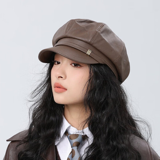 Jimmy leaf leather U octagonal hat for women in autumn and winter new style light luxury beret retro British painter hat black one size M (56-58cm)