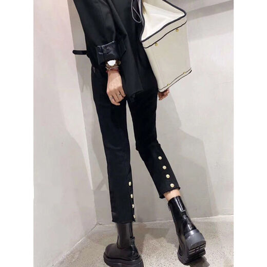 Yimuqi European Station 202 autumn and winter new fat m high waist jeans for women, slimming cigarette trousers, cigarette trousers, nine-point pants, 693 rear button pants, high elastic spring and autumn style 8XL s 8095Jin[Jin equals 0.5 kg]