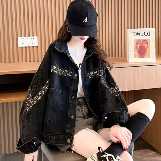 Zhidoudou Sense Black Denim Jacket for Women 2025 New Design Retro Hong Kong Student Student Korean Loose Daven Jacket 9926# Imagen Negro S sugerido 80--95Jin [Jin es igual a 0.5 kg]