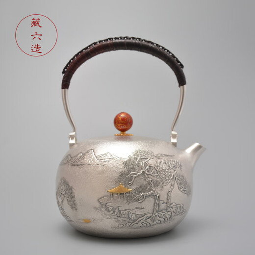 Tibetan six-made silver pot Qingjiang Songting silver pot Pure silver 999 kettle and tea kettle pure handmade high-end Japanese silver pot Qingjiang Songting 1100ml